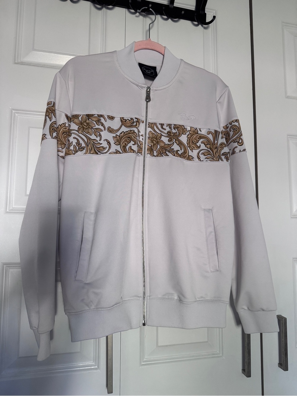 Project x Paris Men's White Zip-Up Sweater with Gold Scroll Accent